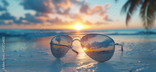 Wallpaper Mural Sunglasses reflecting a vibrant beach sunset with ocean waves in the background. Torontodigital.ca