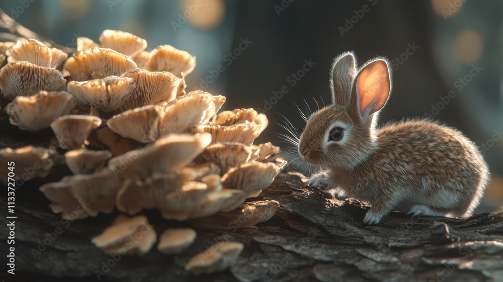 Adorable Rabbit Sitting Beside Beautiful Mushrooms in Nature Adorable Rabbit Sitting Beside Beautiful Mushrooms in Nature