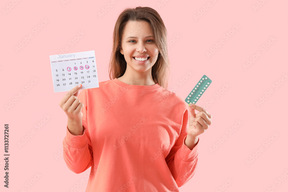 Young woman with menstrual calendar and pills on pink background Young woman with menstrual calendar and pills on pink background