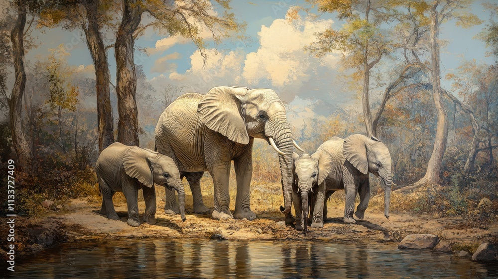 Fototapeta premium Majestic Elephants Gathering by Tranquil Water Under Blue Sky