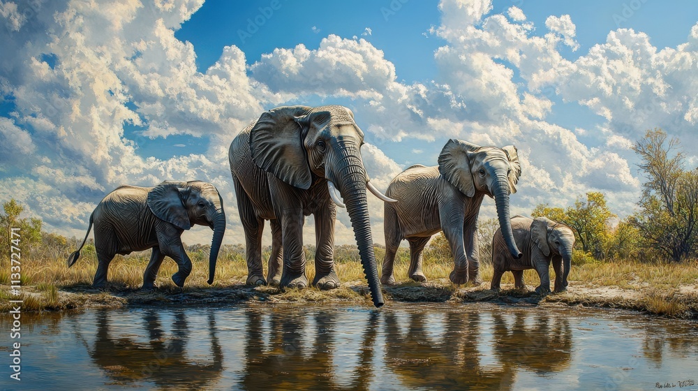 Fototapeta premium Majestic Elephants Gather by Water Under Dramatic Blue Sky