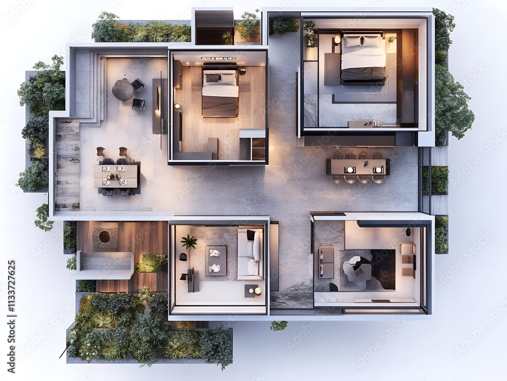 緑に囲まれたモダンな住宅の間取りと広々とした屋外リビングスペースの模型 | Modern house layout with lush greenery and spacious outdoor living areas 緑に囲まれたモダンな住宅の間取りと広々とした屋外リビングスペースの模型 | Modern house layout with lush greenery and spacious outdoor living areas