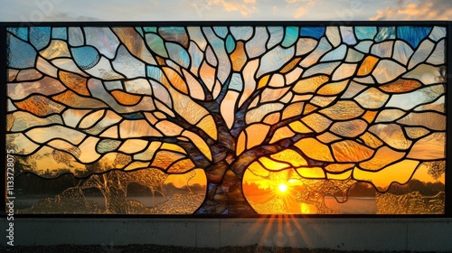 Stained glass tree sunset landscape art. photo