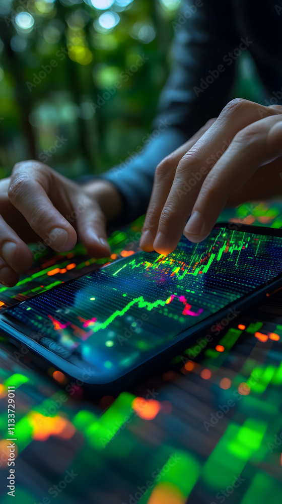Fototapeta premium Analyzing Market Trends, Person using Mobile App to Track Financial Data and Investment Portfolio, Monitoring Fluctuations Nightly.