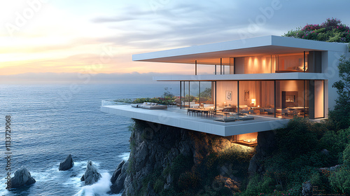 Modern cliffside luxury home overlooking ocean at sunset. photo