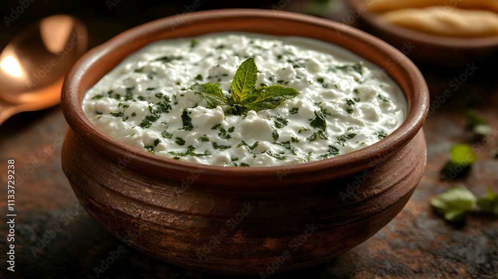 Creamy Yogurt Dip with Fresh Herbs, Served in Earthenware Bowl. A refreshing appetizer, perfect with crackers or flatbreads. Creamy Yogurt Dip with Fresh Herbs, Served in Earthenware Bowl. A refreshing appetizer, perfect with crackers or flatbreads.
