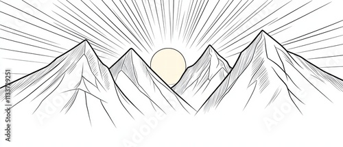 Majestic Mountain Sunrise Line Art Illustration. photo