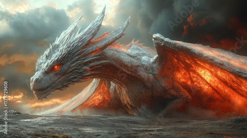 A majestic dragon with fiery eyes rests amidst a dramatic landscape of smoke and ash. photo