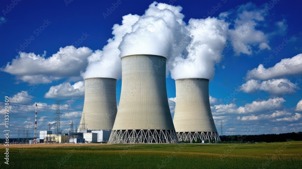 Power Plant with Cooling Towers and Steam Clouds Under Blue Sky Power Plant with Cooling Towers and Steam Clouds Under Blue Sky