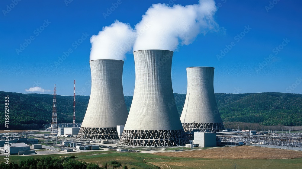 Cooling towers of a nuclear power plant against clear blue sky Cooling towers of a nuclear power plant against clear blue sky