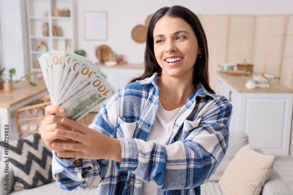 Beautiful woman with dollar banknotes at home Beautiful woman with dollar banknotes at home