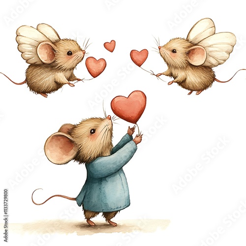 Adorable Watercolor Illustration of Three Cute Mice with Wings Sharing Hearts. photo