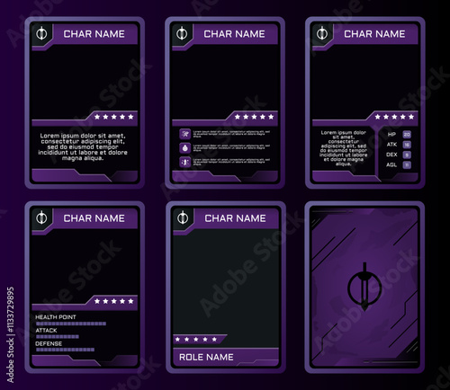 modern military themed card game template with purple-black color. card template, border template, full set card