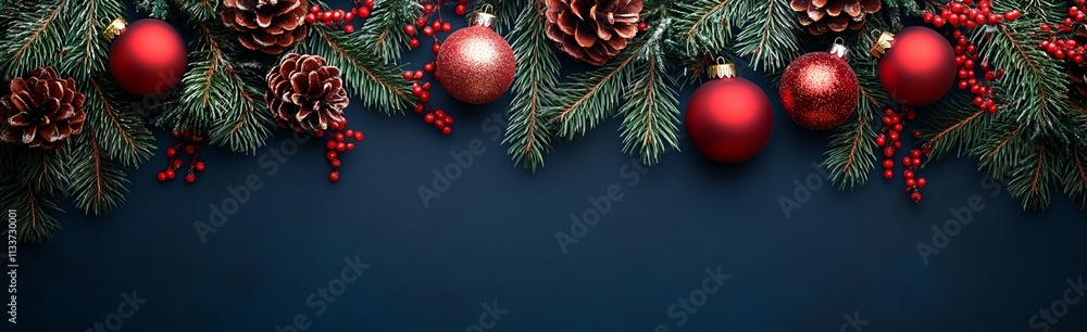 A blue background with red and green Christmas decorations A blue background with red and green Christmas decorations