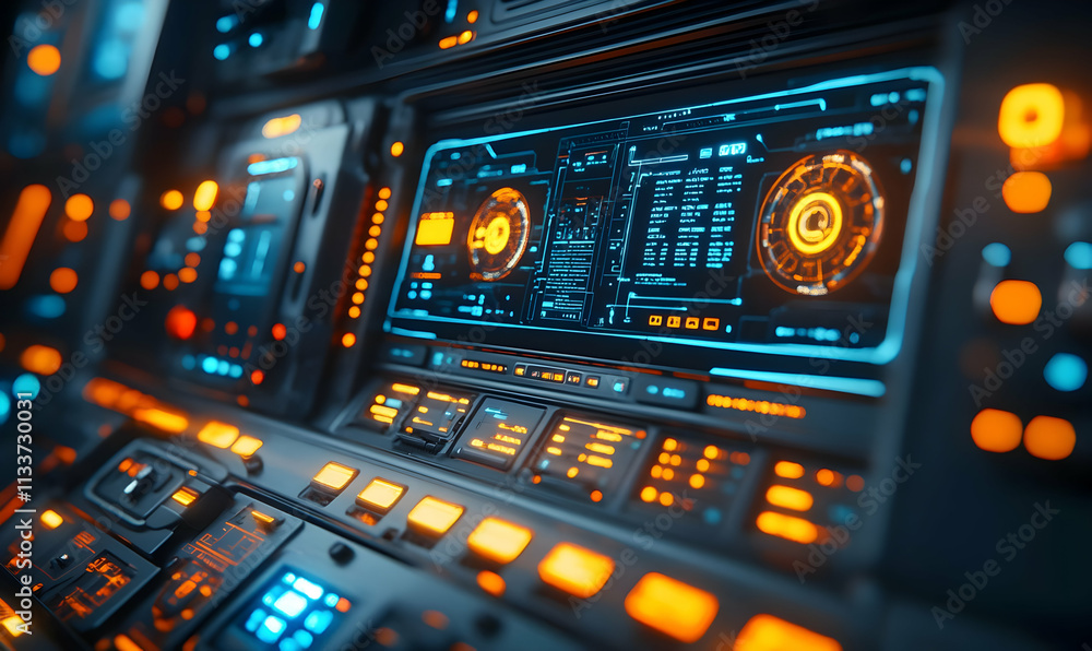 Naklejka premium Futuristic control panel with glowing displays and buttons.
