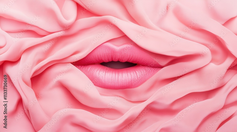 Obraz premium A close-up of soft pink lips partially concealed by flowing, textured fabric, creating a delicate and artistic aesthetic.