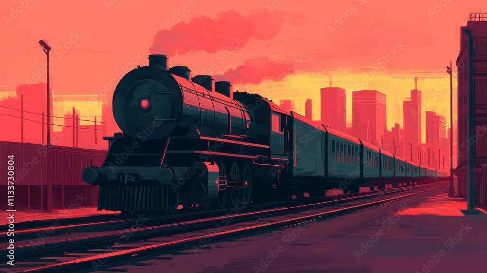 Obraz premium Vintage Train Traveling Through Urban Landscape at Sunset