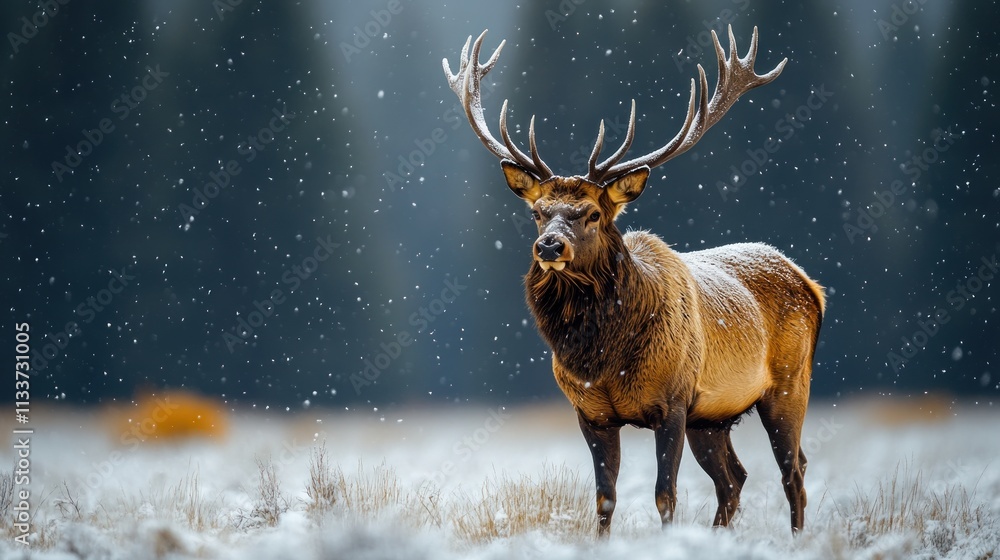 A majestic elk stands in a snowy landscape, surrounded by falling snowflakes. A majestic elk stands in a snowy landscape, surrounded by falling snowflakes.