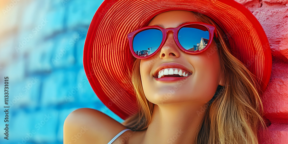 Summer Joy, Woman in Red Hat & Sunglasses, Smiles Brightly Against Vibrant Wall. Happiness radiates as she enjoys the summer sun. Summer Joy, Woman in Red Hat & Sunglasses, Smiles Brightly Against Vibrant Wall. Happiness radiates as she enjoys the summer sun.