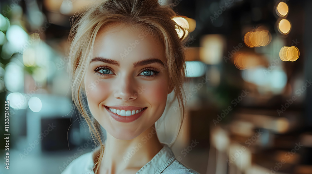 Radiant Woman Smiles, Her Beauty Captures the Warm Ambiance of a Cozy Cafe. Inner Radiance Shines Brightly, Expressing Joy and Happiness. Radiant Woman Smiles, Her Beauty Captures the Warm Ambiance of a Cozy Cafe. Inner Radiance Shines Brightly, Expressing Joy and Happiness.