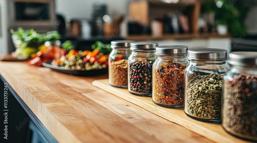 Colorful Spices and Fresh Ingredients on a Wooden Kitchen Counter Colorful Spices and Fresh Ingredients on a Wooden Kitchen Counter