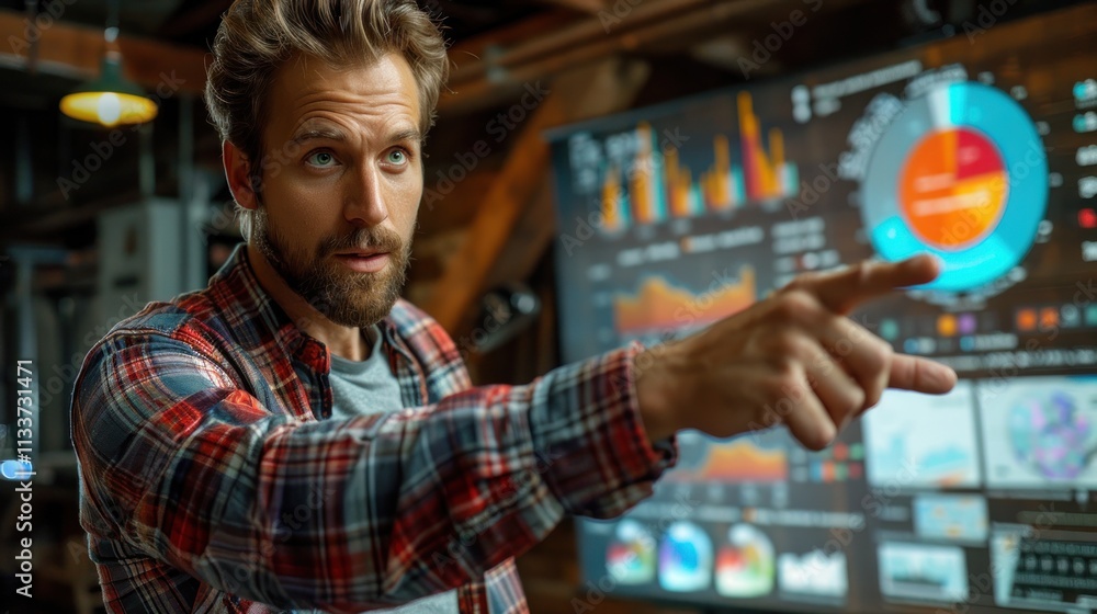 Man presenting data on a large screen. Man presenting data on a large screen.