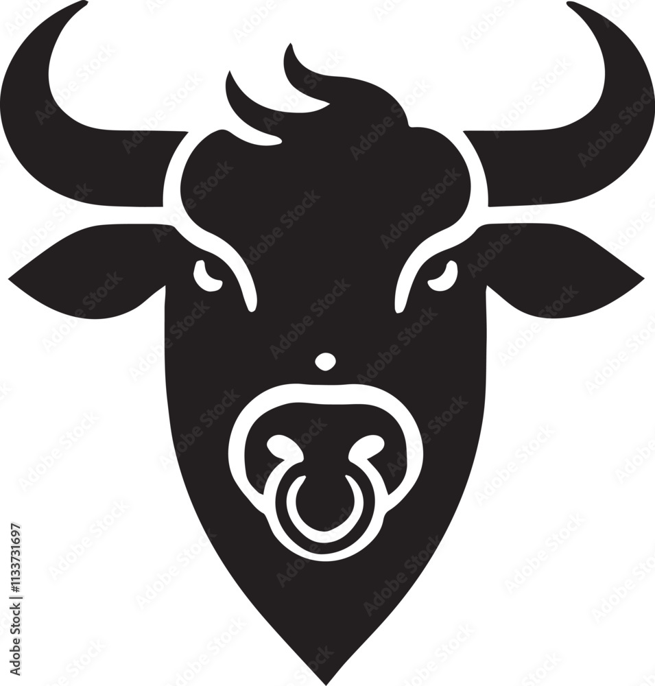 Minimalist bull head with only horns and nose ring visible vector black silhouette Minimalist bull head with only horns and nose ring visible vector black silhouette