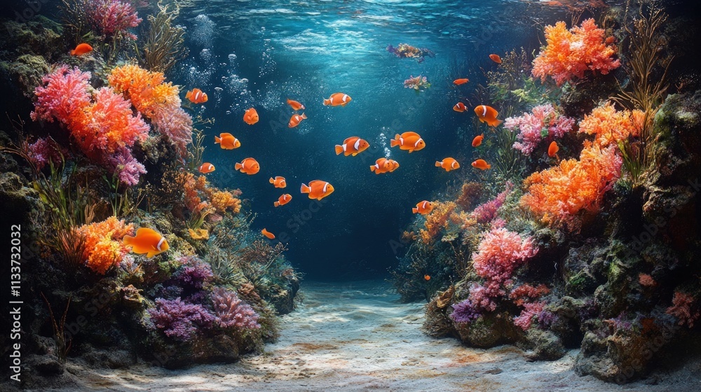 Naklejka premium Vibrant coral reef, orange fish swim.