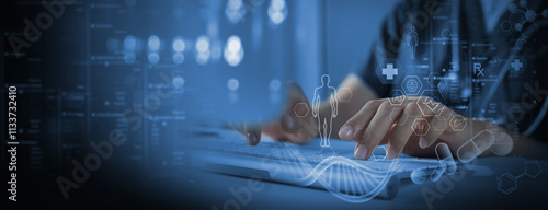 Medical technology, online health, global health network and tourism concept. Doctor using digital tablet and laptop computer with medical technology internet network, telemedicine, medical online