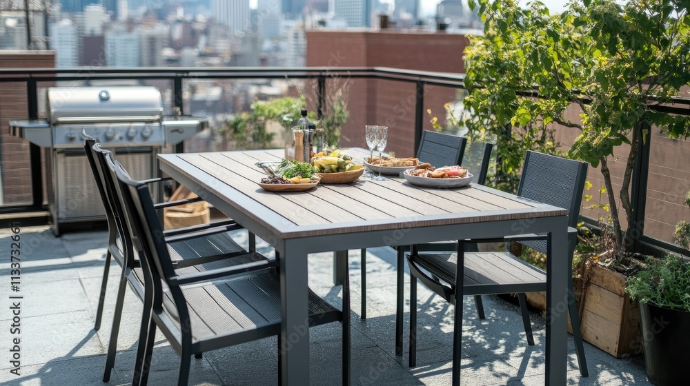 Modern Rooftop Dining Area with Elegant Table and City View Modern Rooftop Dining Area with Elegant Table and City View