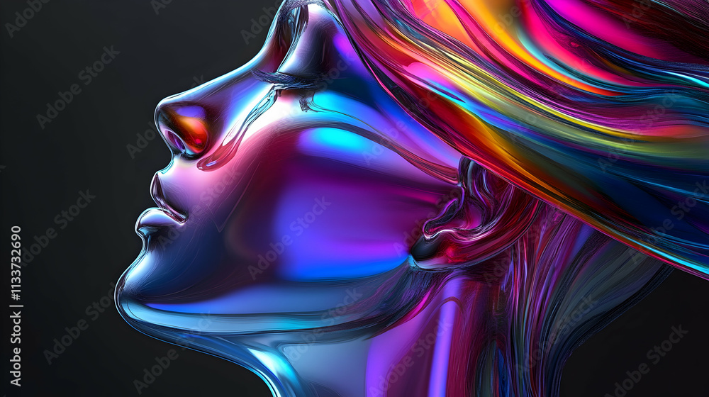 Chromatic Head, Fluid Form Dances with Light, Reflecting Vivid Hues, Serene Pose Chromatic Head, Fluid Form Dances with Light, Reflecting Vivid Hues, Serene Pose