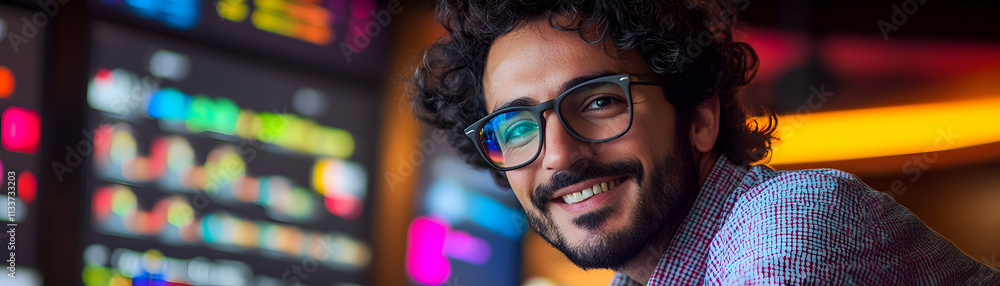 Smiling Man with Glasses, Working in a Creative Office, Enthusiastically Designs Digital Content Using Bright Colorful Software. Smiling Man with Glasses, Working in a Creative Office, Enthusiastically Designs Digital Content Using Bright Colorful Software.