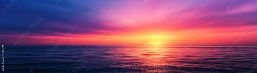 Obraz premium Sunset over calm waters, vibrant colors of pink, purple, and orange in the sky background.
