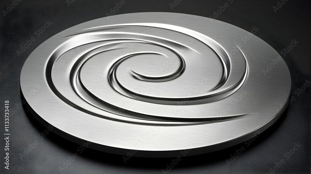 Circular Metal Design, Swirling Vortex Pattern Embossed on a Brushed Steel Disk, Representing Movement and Dynamism in Abstract Art. Circular Metal Design, Swirling Vortex Pattern Embossed on a Brushed Steel Disk, Representing Movement and Dynamism in Abstract Art.