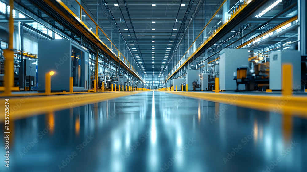 A modern industrial facility showcasing machinery and a polished floor. A modern industrial facility showcasing machinery and a polished floor.