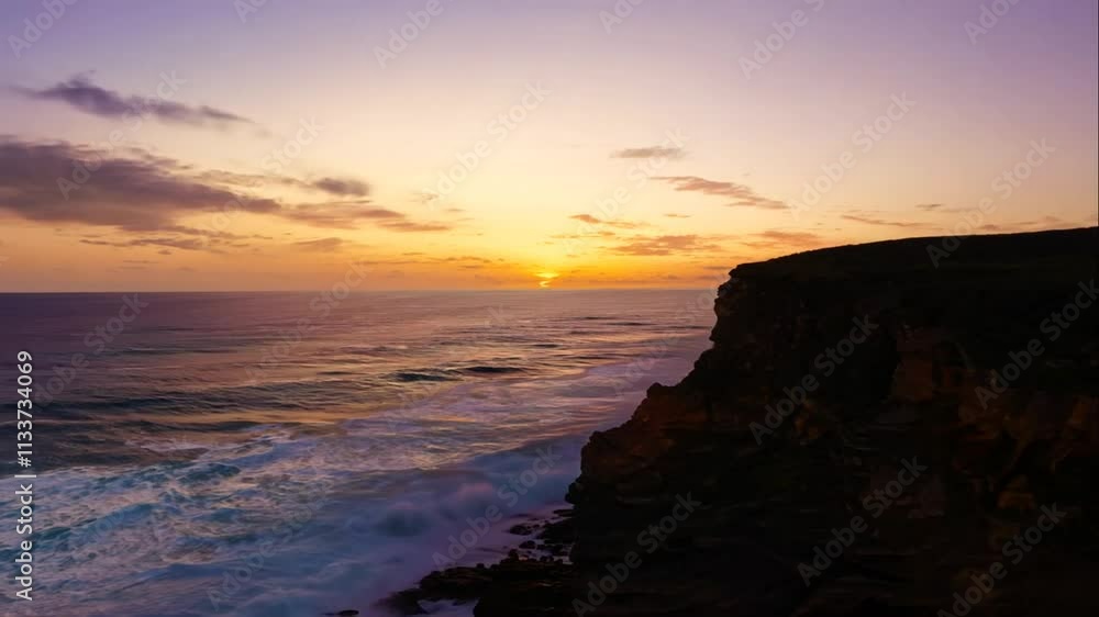 Majestic Sunset Over Ocean Waves Crashing Against Rocky Cliffs with Warm Colors and Dramatic Sky Enhancing the Beauty of Nature's Seascape at Dusk Majestic Sunset Over Ocean Waves Crashing Against Rocky Cliffs with Warm Colors and Dramatic Sky Enhancing the Beauty of Nature's Seascape at Dusk