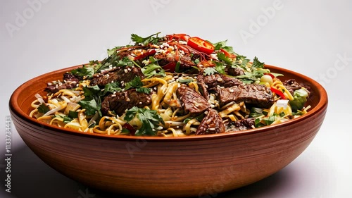 Delicious noodle dish with beef, fresh vegetables, and garnishes served in a wooden bowl photo