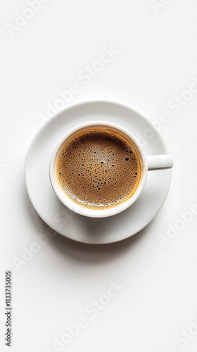 White Background with Espresso Coffee in White Cup and Creamy Foam