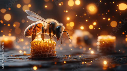 Wallpaper Mural close up of bee collecting nectar from honeycomb, surrounded by warm, glowing atmosphere. scene captures beauty of nature and importance of bees in our ecosystem Torontodigital.ca