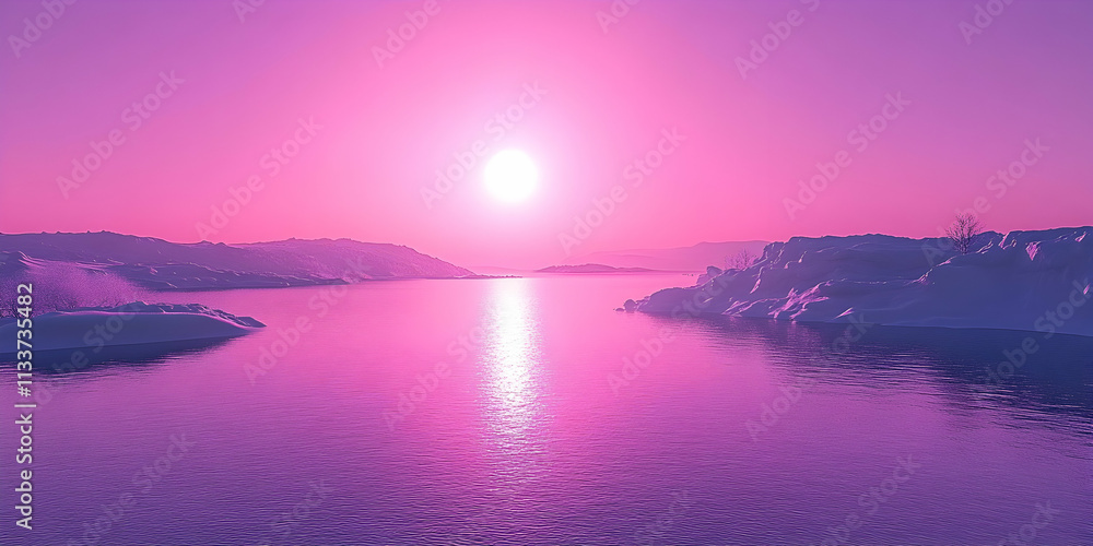 Pink Sunset over Frozen Lake and Mountains, A Serene Winter Landscape at Dawn. The sun reflects beautifully across the still water, creating a magical atmosphere. Pink Sunset over Frozen Lake and Mountains, A Serene Winter Landscape at Dawn. The sun reflects beautifully across the still water, creating a magical atmosphere.