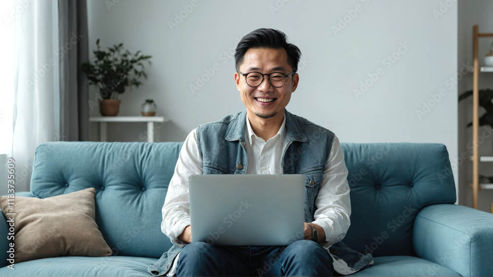 Smiling man using a laptop while seated on a blue couch indoors Smiling man using a laptop while seated on a blue couch indoors