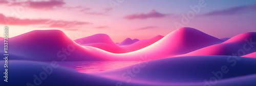 Pink & Purple Dreamy Landscape at Sunset, Serene Hills Reflecting in Calm Waters, Vibrant Colors of Nature's Beauty