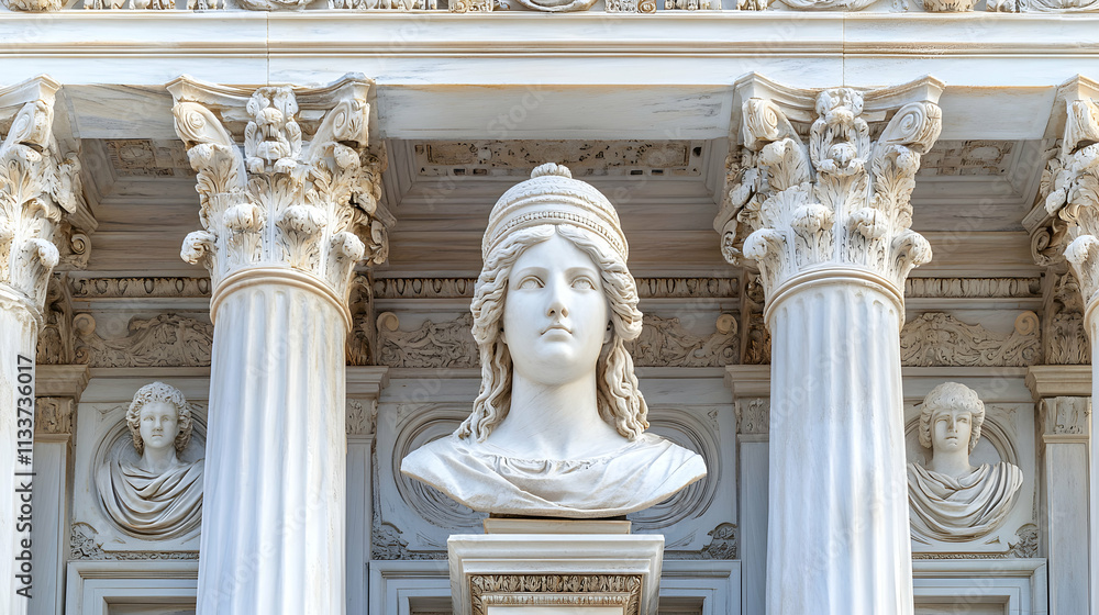 Fototapeta premium Classical Marble Bust, A Woman's Head Adorned, Situated Between Corinthian Columns, Exquisitely Carved, Showcasing Ancient Architectural Design.
