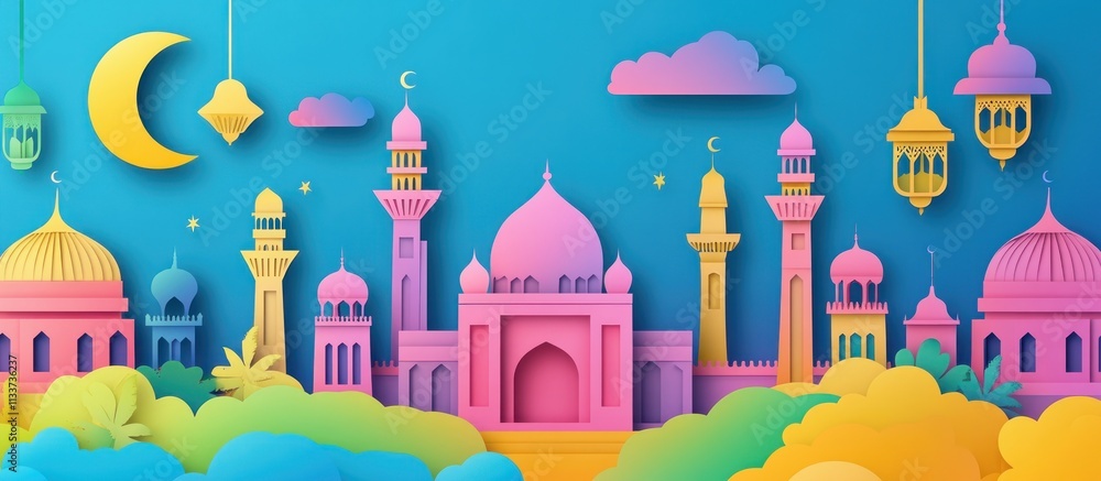 Colorful Paper Art Depicts Mosque Cityscape Under Crescent Moon Colorful Paper Art Depicts Mosque Cityscape Under Crescent Moon