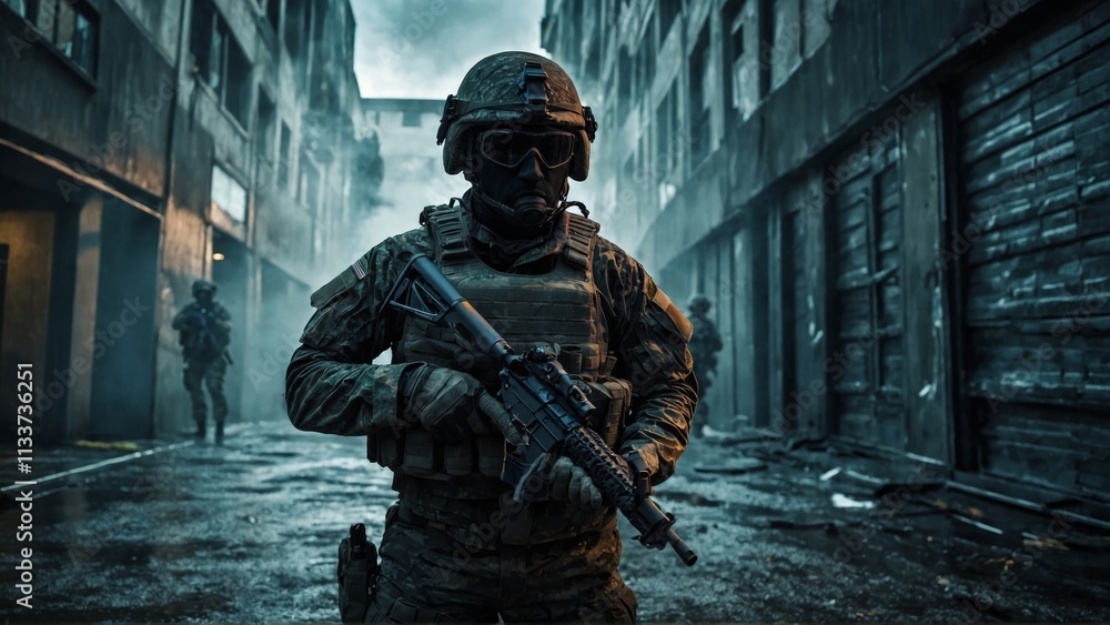 Fototapeta premium Soldiers patrolling an urban area during a night operation