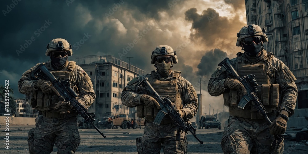 Fototapeta premium Soldiers in tactical gear patrol a war-torn urban landscape