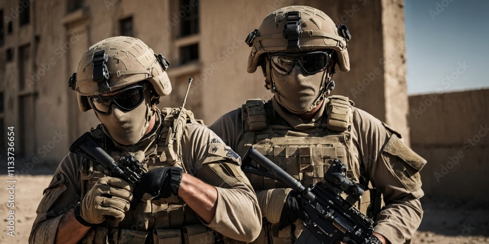 Military personnel in tactical gear prepare for a mission in desert Military personnel in tactical gear prepare for a mission in desert