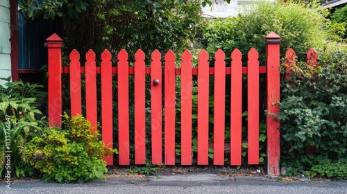 Vibrant Red Picket Fence Surrounded by Lush Greenery and Plants photo