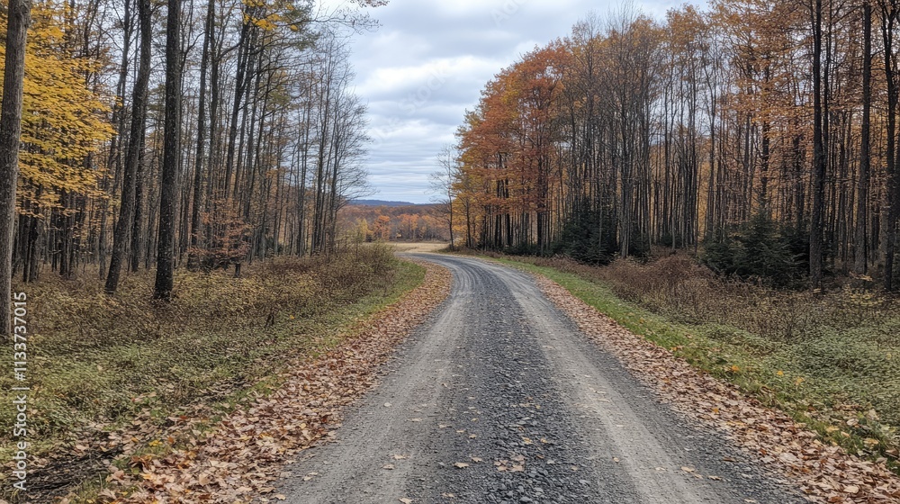 Serene Curved Gravel Road Through Autumn Forest with Colorful Trees Serene Curved Gravel Road Through Autumn Forest with Colorful Trees