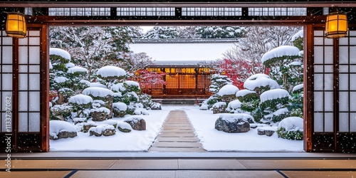 Serene Winter Scene in Japanese Garden with Snow